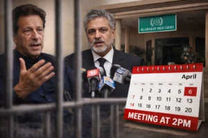 Imran Khan in jail meeting lawyer Salman Safdar with Islamabad High Court background and scheduled hearing