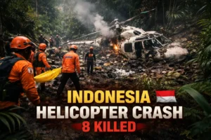 Indonesia helicopter crash showing wreckage in jungle with rescue team and damaged aircraft in West Kalimantan