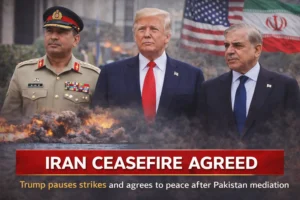 Iran ceasefire announcement showing Donald Trump with Pakistan leadership and US Iran flags during diplomatic agreement