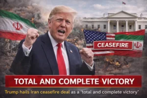 Donald Trump announcing Iran deal victory with ceasefire between US and Iran and White House background