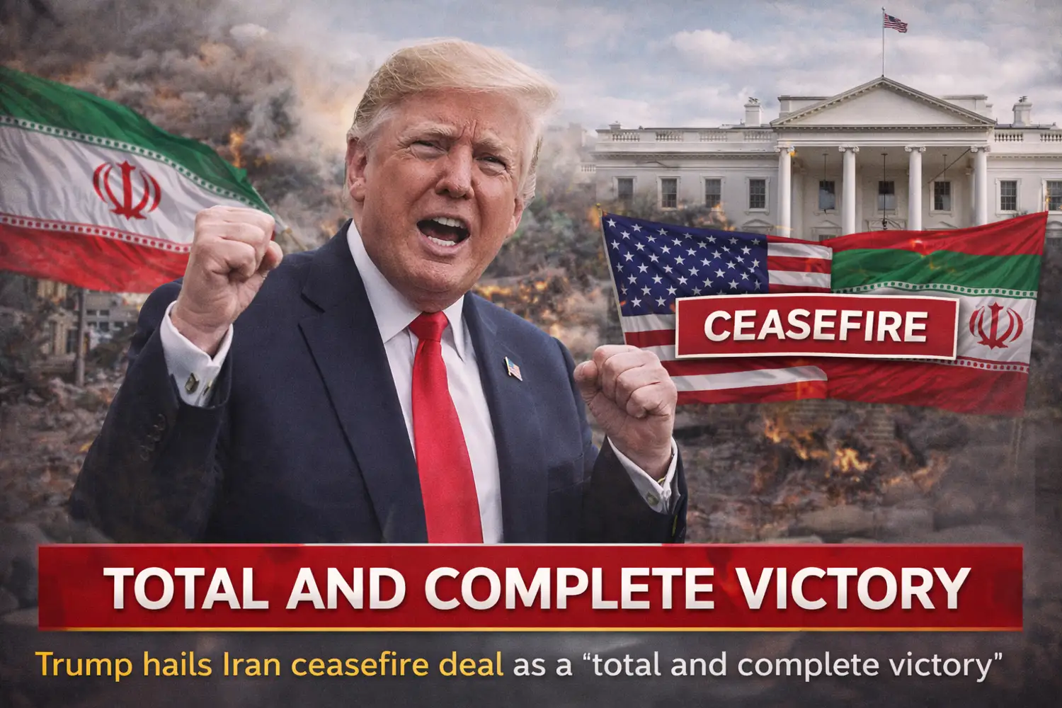Donald Trump announcing Iran deal victory with ceasefire between US and Iran and White House background