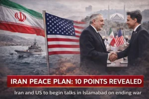 Iran peace plan talks showing US and Iran flags handshake with Islamabad backdrop and Strait of Hormuz scene