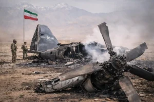 Iran rescue mission showing destroyed US aircraft and helicopter wreckage in conflict zone
