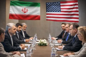 Iran US ceasefire talks between diplomats with flags during high level negotiations