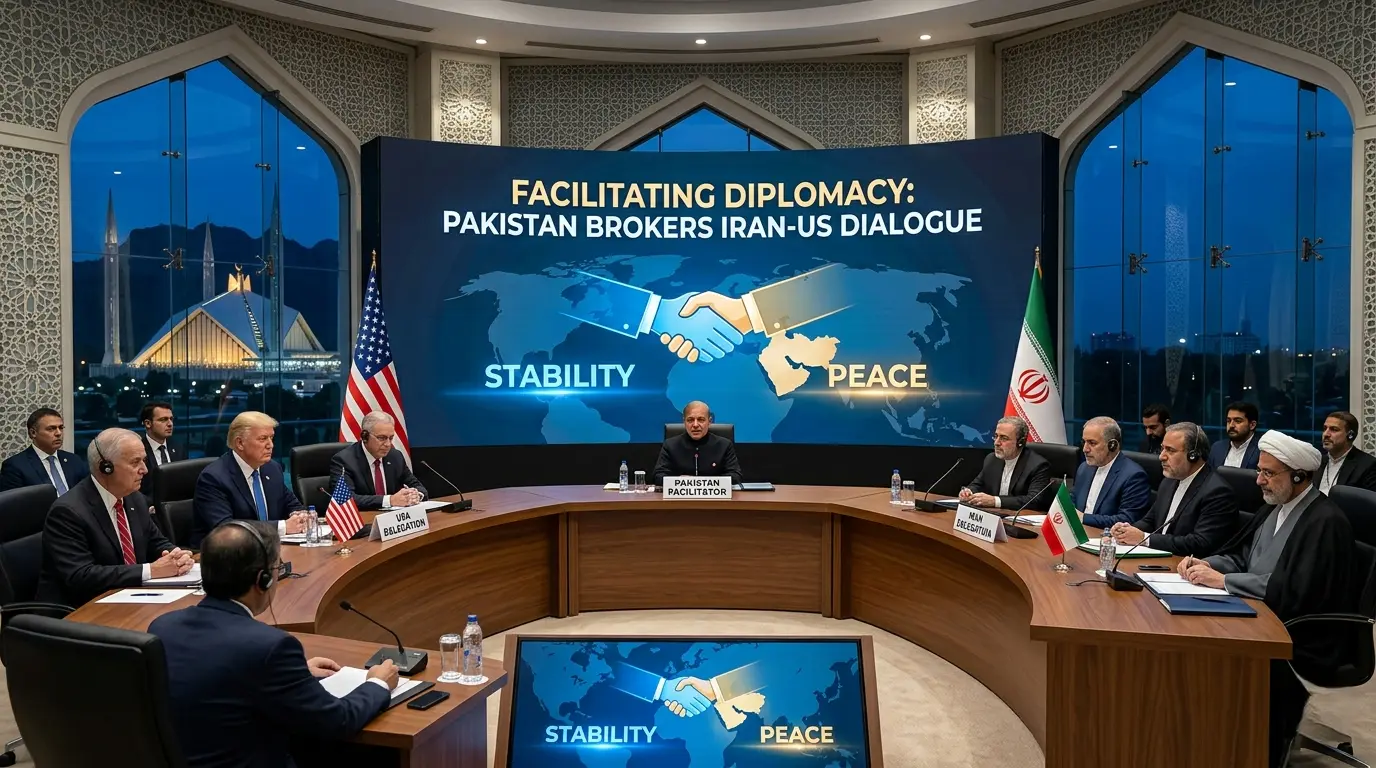 High-quality graphics of Pakistan facilitating the Iran-US Peace Process at a diplomatic summit in Islamabad.