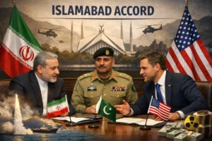 Diplomatic meeting showing Iran Pakistan and US officials discussing Islamabad Accord peace talks and ceasefire agreement