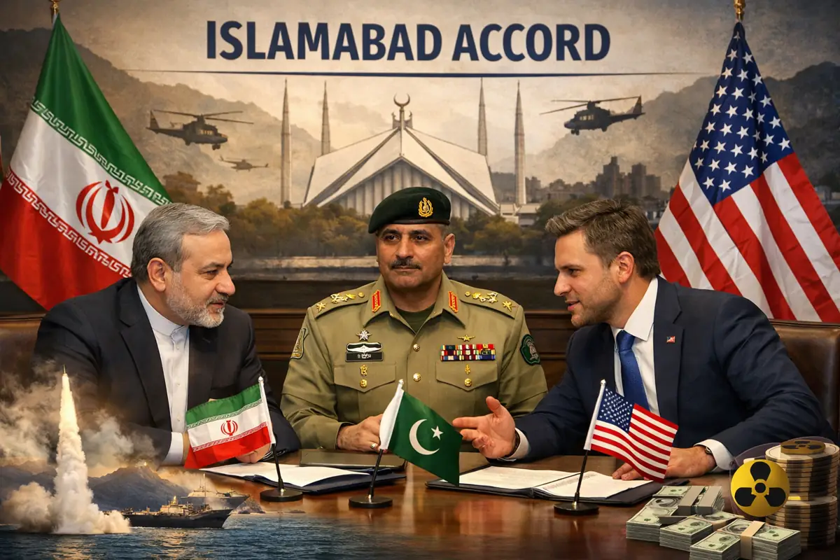 Diplomatic meeting showing Iran Pakistan and US officials discussing Islamabad Accord peace talks and ceasefire agreement