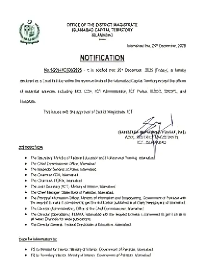 Official Islamabad holiday notification showing two day closure of offices and schools in twin cities