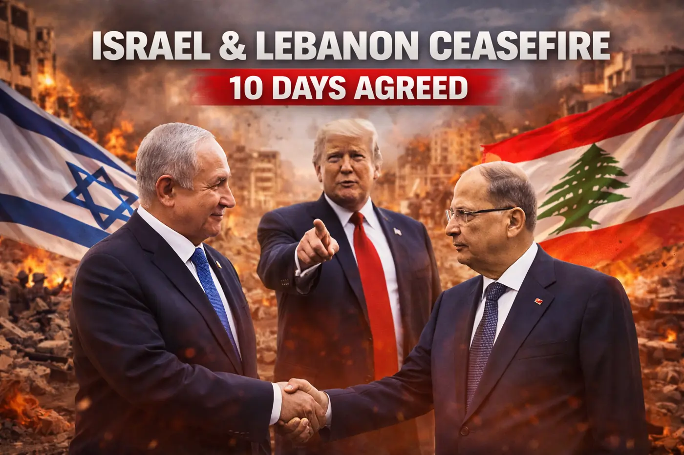 Israel Lebanon ceasefire showing leaders handshake with Trump and war background symbolizing 10 day peace agreement