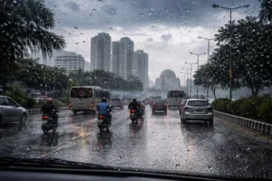 Rainy road in Karachi with vehicles and raindrops on windshield showing karachi weather conditions