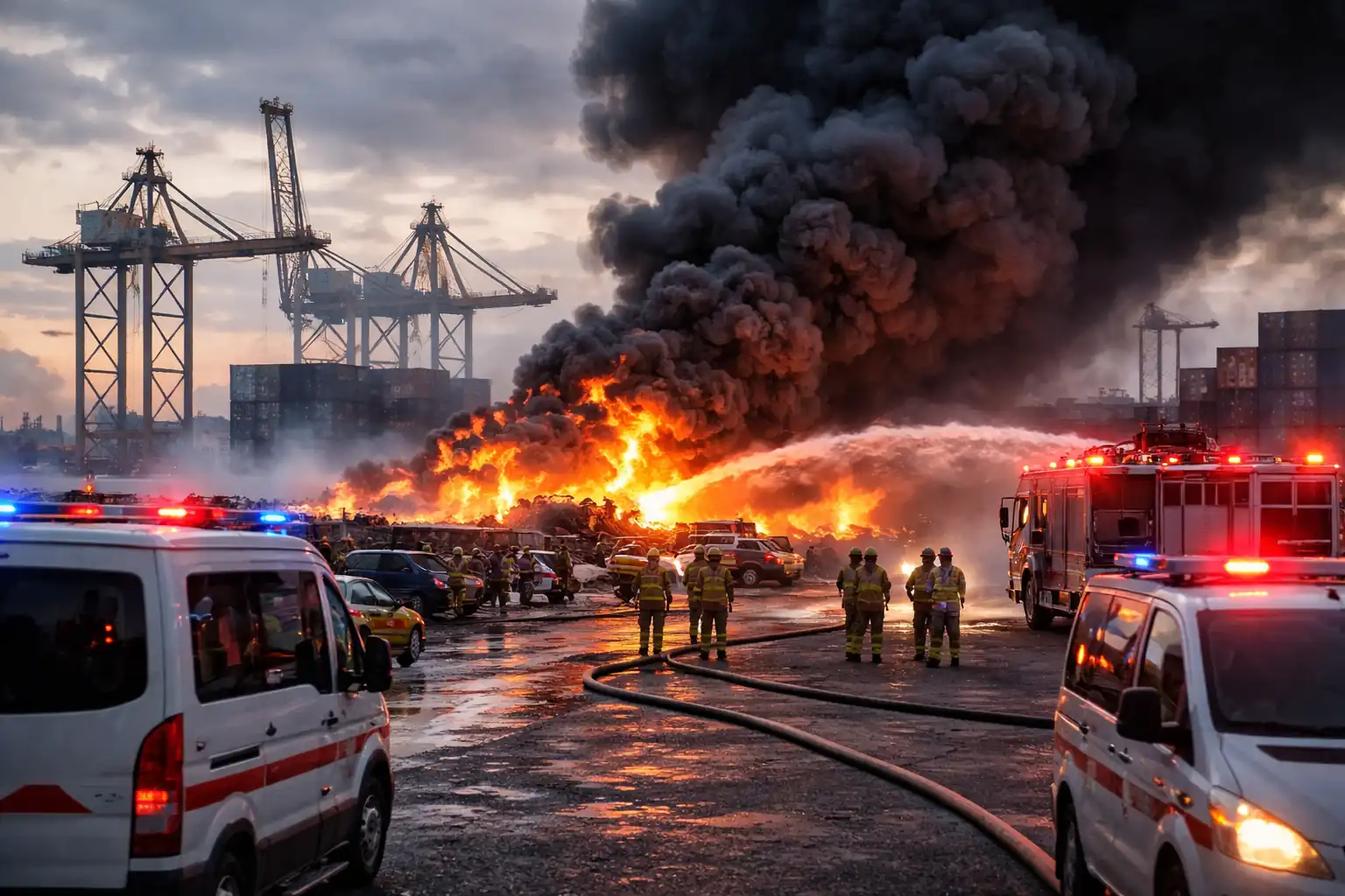 Fire at Khor Fakkan Port after debris fall in khor fakkan incident with emergency response teams