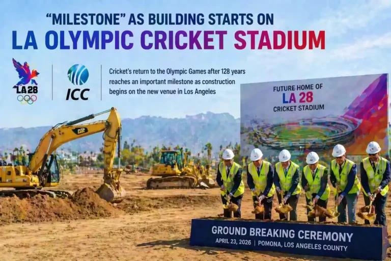 "Construction site showing machinery and workers at the groundbreaking ceremony for the new LA Olympic Cricket Stadium, with the future stadium sign in the background."