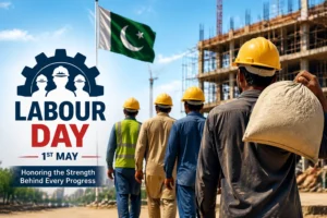 A group of construction workers marching with the Pakistan flag in the background, celebrating Labour Day on a construction site.