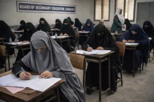 female students wearing burqa and abaya appearing in matric exams in Karachi under new matric exam rules