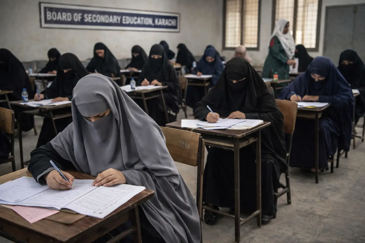 female students wearing burqa and abaya appearing in matric exams in Karachi under new matric exam rules