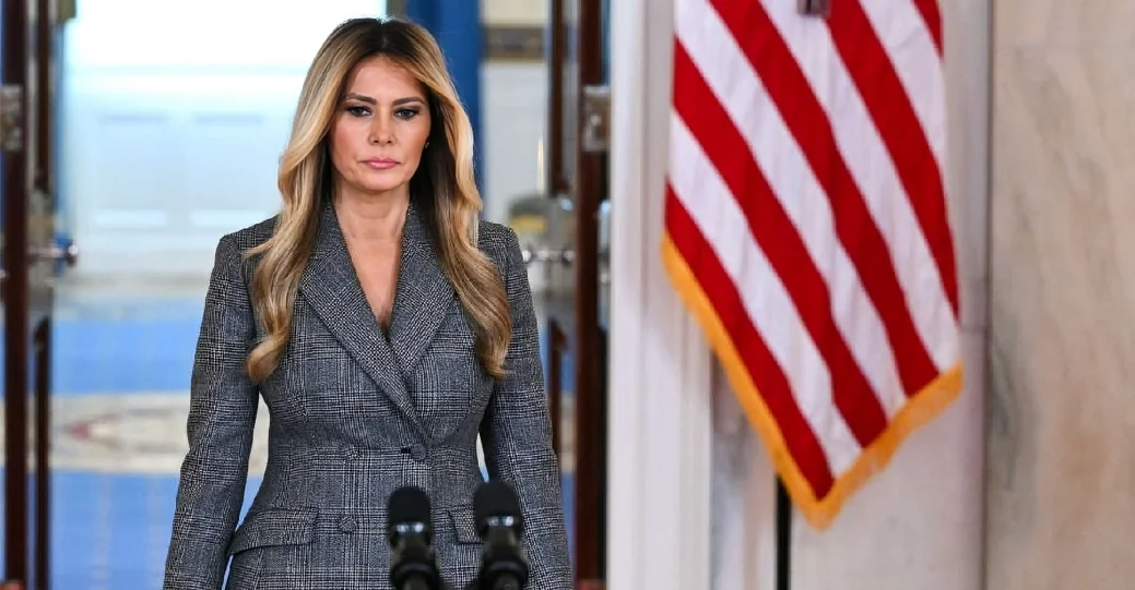 Melania Trump speaking publicly at the White House denying Melania Epstein allegations