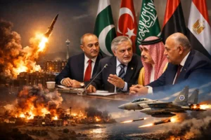 High quality illustration of Middle East conflict showing Iran missile strike, Israeli jets, and diplomatic meeting
