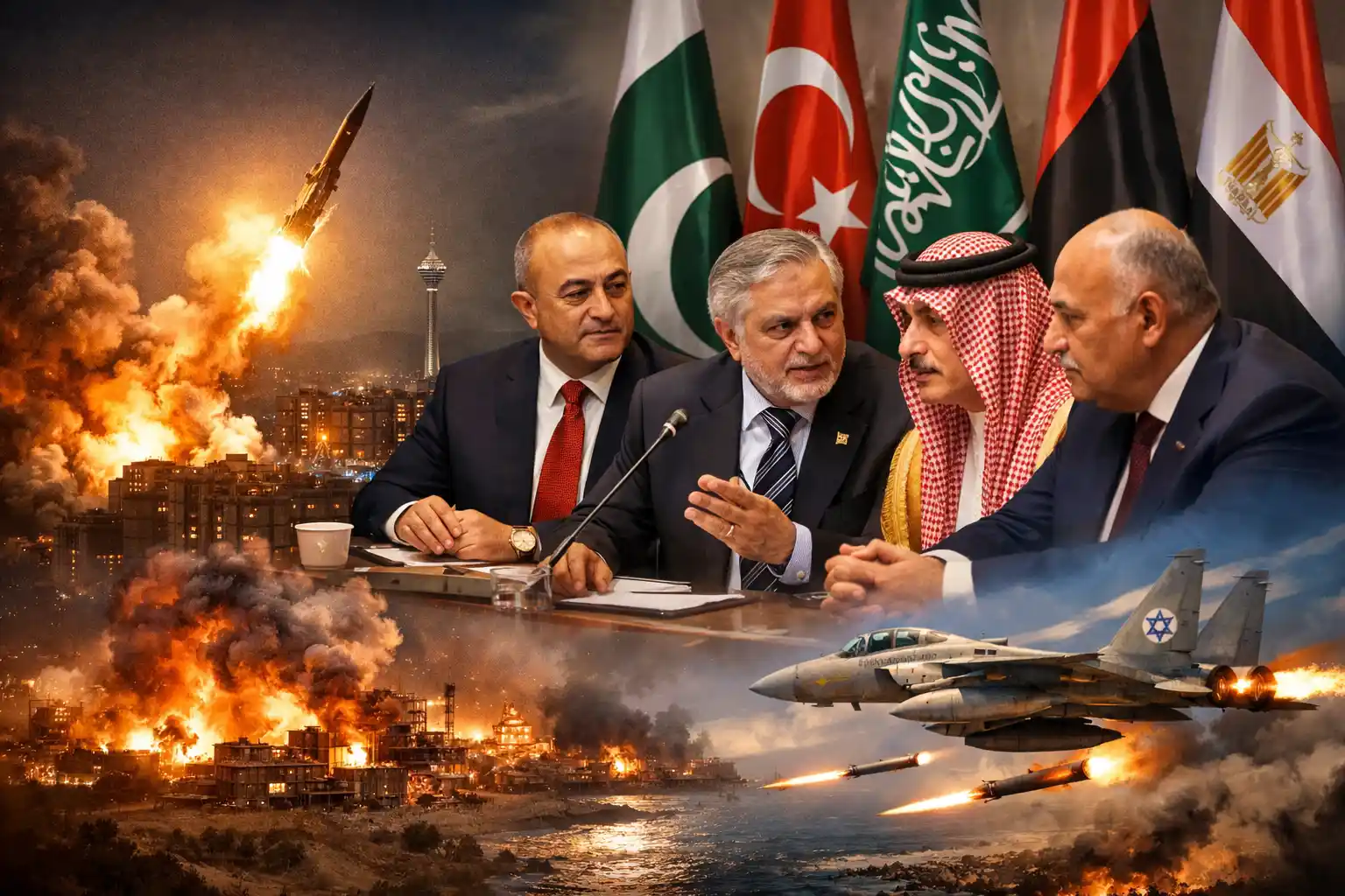 High quality illustration of Middle East conflict showing Iran missile strike, Israeli jets, and diplomatic meeting