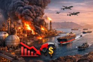 Middle East energy crisis showing burning oil refinery, oil tanker in Strait of Hormuz, and rising oil prices