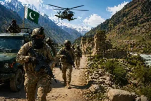 Military operation scene in rugged mountains with soldiers, vehicles, helicopter, and the Pakistani flag under a clear sky.