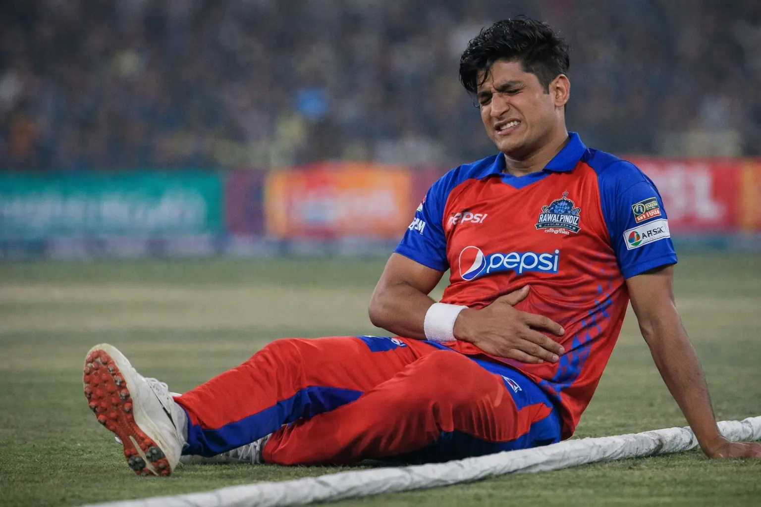 Naseem Shah sitting on field in pain due to injury during PSL 11 match