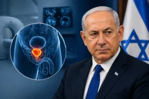 Portrait of Benjamin Netanyahu with a medical illustration of prostate cancer treatment.