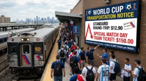 NJ Transit train entering Newark Penn Station, New Jersey on April 17, 2026 — fans face $150 round-trip fare to MetLife Stadium for World Cup matches, compared to normal $12.90