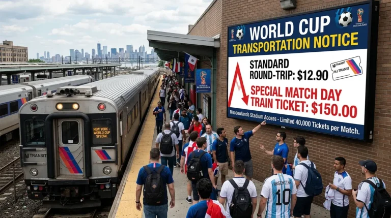 NJ Transit train entering Newark Penn Station, New Jersey on April 17, 2026 — fans face $150 round-trip fare to MetLife Stadium for World Cup matches, compared to normal $12.90