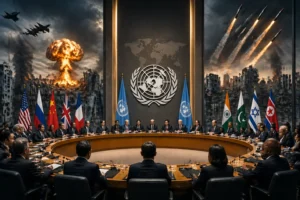 A tense global summit at the United Nations with delegates in a conference room amidst an apocalyptic backdrop of war, missiles, and destruction.