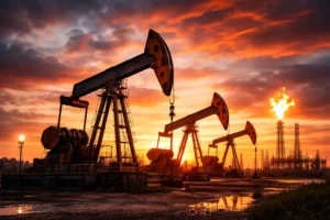 Oil pumpjacks operating at sunset reflecting oil prices surge due to global tensions and supply concerns