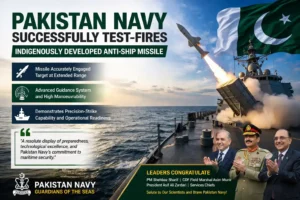Pakistan Navy missile test showing anti ship missile launch from warship with precision strike capability