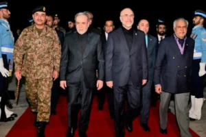 Illustration of Deputy PM Ishaq Dar, CDF Field Marshal Asim Munir, and Parliament Speaker Ghalibaf with the Iranian delegation walking on a red carpet upon arrival in Islamabad for Middle East peace talks