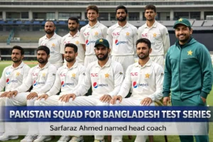 Pakistan squad posing in Test uniforms with Sarfaraz Ahmed as head coach ahead of Bangladesh Test series