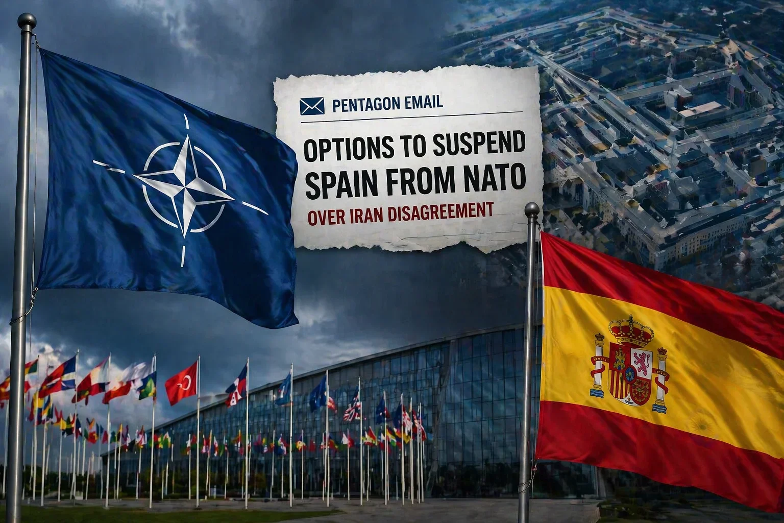 NATO and Spanish flags with a stormy backdrop, highlighting Pentagon email options to suspend Spain from NATO due to Iran disagreement.