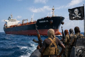 Pirates on a speedboat with rifles, armed and masked, approach the oil tanker Honour 25, with a pirate flag flying in the background on a bright sunny day in the open sea."