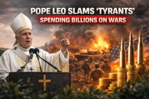 Pope Leo war speech criticizing leaders spending billions on wars with conflict background and military visuals