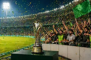 "PSL 11 final with excited fans cheering, confetti in the air, and the trophy on display at the stadium under bright floodlights."