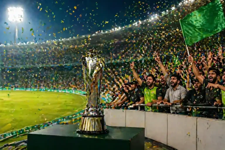 "PSL 11 final with excited fans cheering, confetti in the air, and the trophy on display at the stadium under bright floodlights."