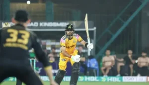 Babar Azam playing a shot during PSL 11 match for Peshawar Zalmi against Hyderabad Kingsmen