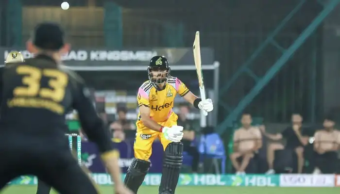 Babar Azam playing a shot during PSL 11 match for Peshawar Zalmi against Hyderabad Kingsmen