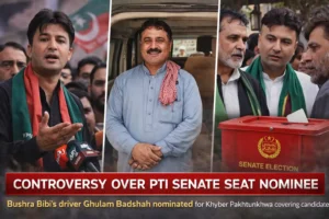 PTI Senate seat controversy showing Murad Saeed, Ghulam Badshah and party leaders during election nomination process