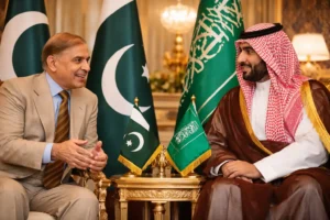 Shehbaz Sharif meeting Mohammed bin Salman discussing Saudi Pakistan ties and regional cooperation