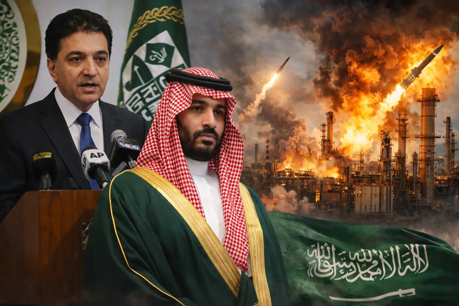 Pakistan expressing Saudi support with Saudi leader and oil facility under missile attack in Middle East conflict