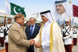 Shehbaz Sharif Qatar Visit meeting with Qatari officials at Doha airport during diplomatic tour