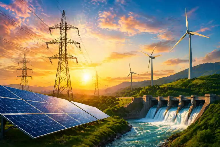 A breathtaking energy landscape featuring solar panels, wind turbines, and a hydroelectric dam in a green valley during sunset.