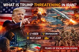 Donald Trump warning Iran with visuals of cyber attack, nuclear threat and military escalation in Middle East