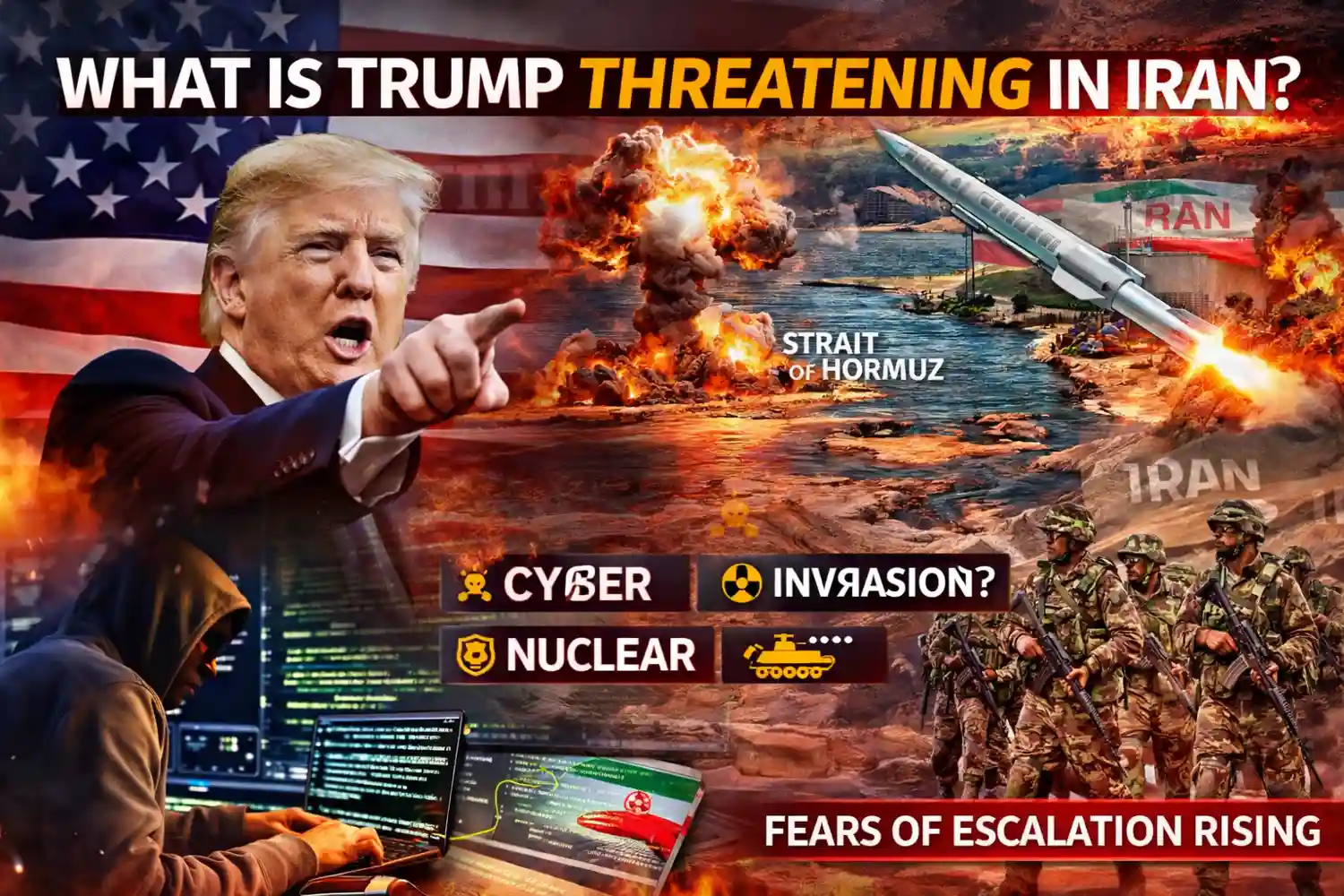 Donald Trump warning Iran with visuals of cyber attack, nuclear threat and military escalation in Middle East