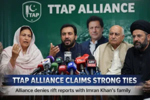 TTAP alliance leaders addressing press conference denying rift with Imran Khan family in Islamabad