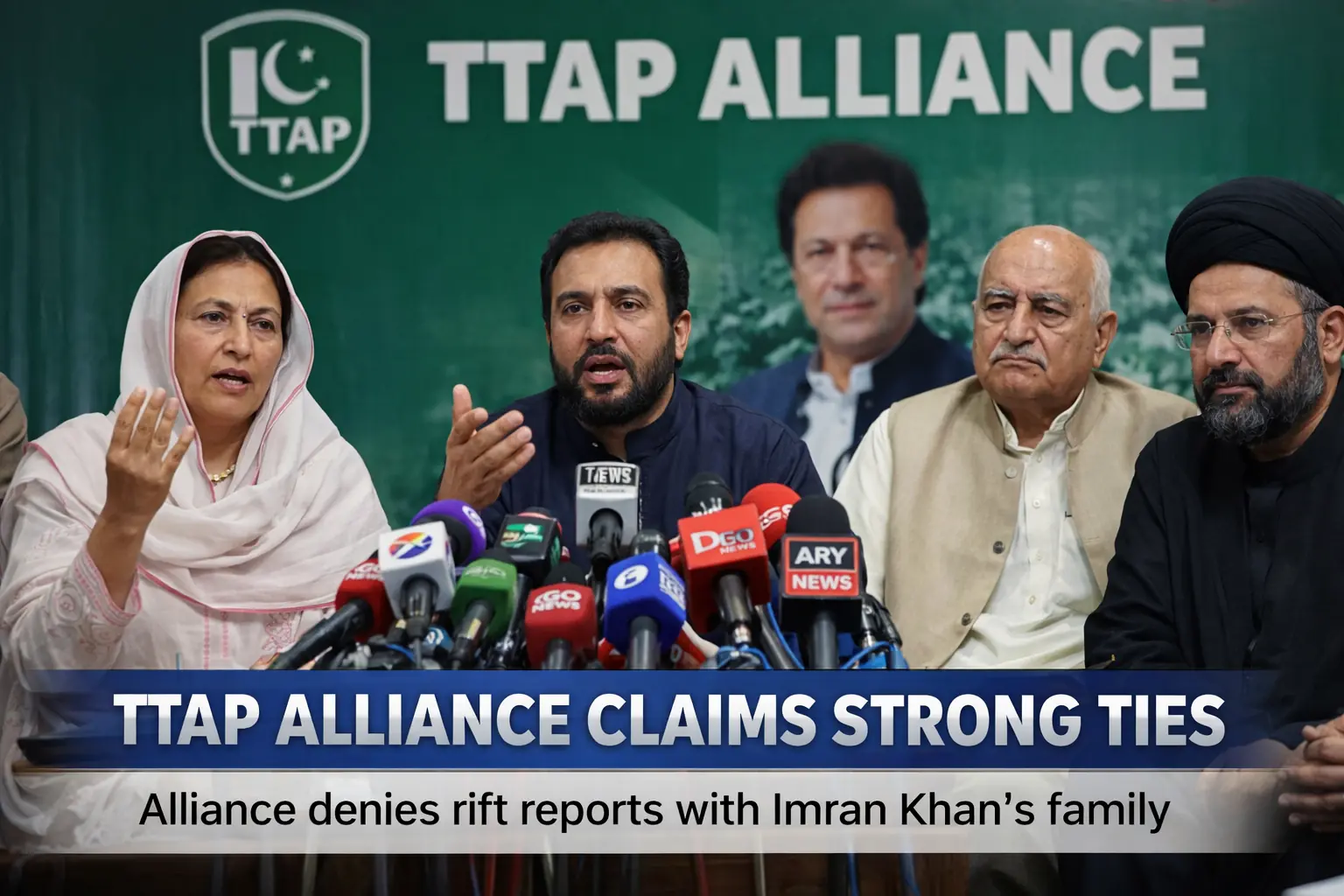 TTAP alliance leaders addressing press conference denying rift with Imran Khan family in Islamabad