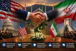 "US and Iran representatives shaking hands at the start of peace talks, with flags and symbolic landmarks in the background, highlighting Pakistan's mediation role."